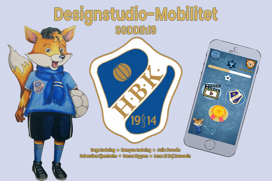 Tecknad bild med en räv i fotbollskläder, Halmstad Bollklubbs logga samt en mobiltelefon med en app. Texten Designstudio Mobilitet.