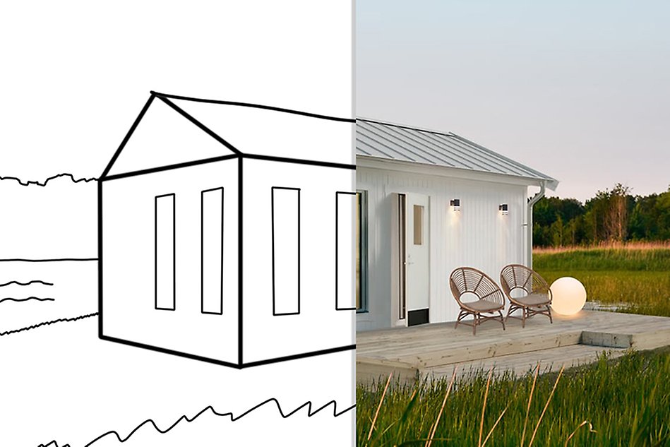 Tvådelad bild på ett hus, ena halvan är en ritad bild och det andra ett fotografi.