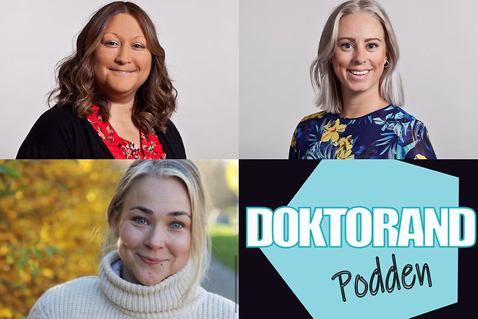 Tre porträtt av kvinnor och en logotyp för doktorandpodden. Montage.