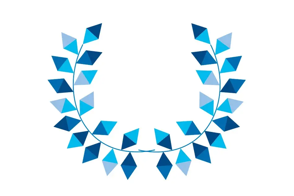 Two twigs with leaves in different blue colours, composing a wreath. Illustration.