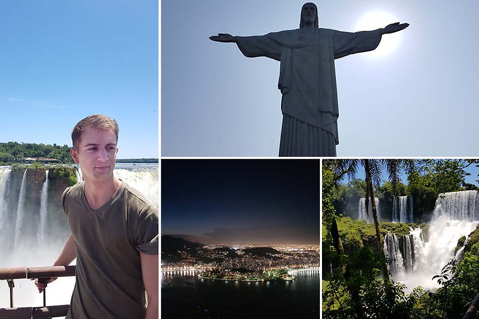 Ett fotocollage bestående av fyra bilder. En ung man står framför ett vattenfall, en staty framför blå himmel, en flygbild över en upplyst stad och en regnskog.