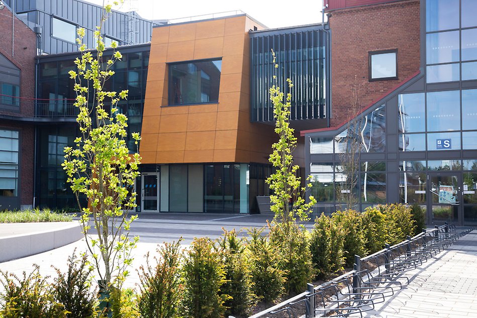 The picture shows a building in the background with trees in the foreground. Photo