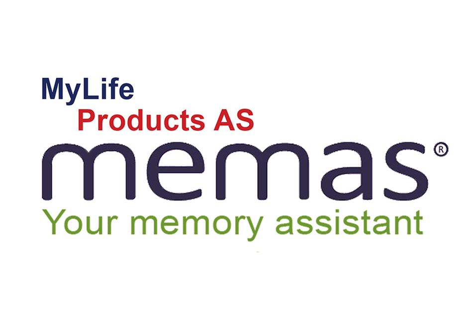 Vit färgplatta med texten MyLife products AS Memas Your memory assistant. Illustration.