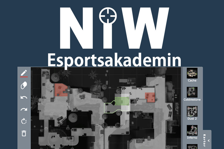 Texten NIW Esportsakademin ovanför en skärmdump av ett digitalt läroverktyg. Illustration