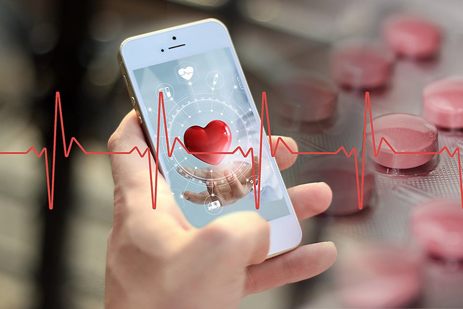 Illustration. A hand holding a smart phone with a heart on the screen. Heart beat diagram and pills across the illustration.