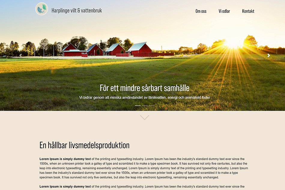 Skärmbild över webbsida för Harplinge vilt och vattenbruk.