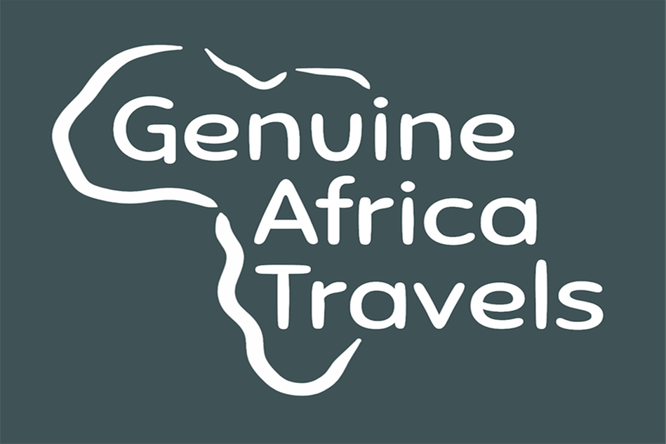 Mörkgrå färgplatta med texten Genuine Africa Travels och konturen av kontinenten Afrika.