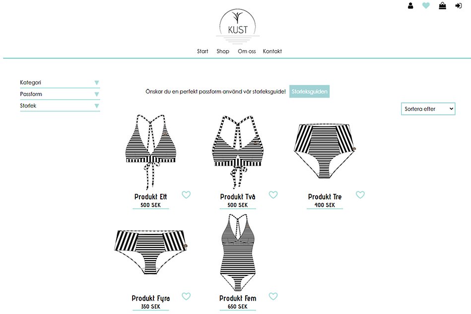 Skärmbild från webbsida för företaget KUST, en webbshop med olika modeller av badkläder.