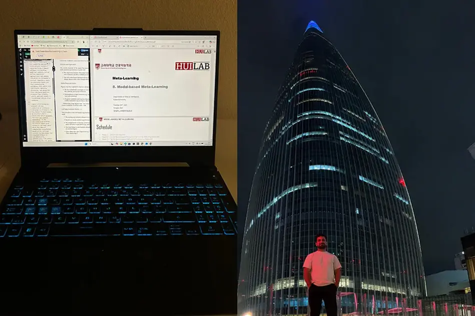 Två bilder. Den till vänster föreställer en dator i ett mörkt rum. Den till höger föreställer studenten framför en skyskrapa i Seoul. Kollage.