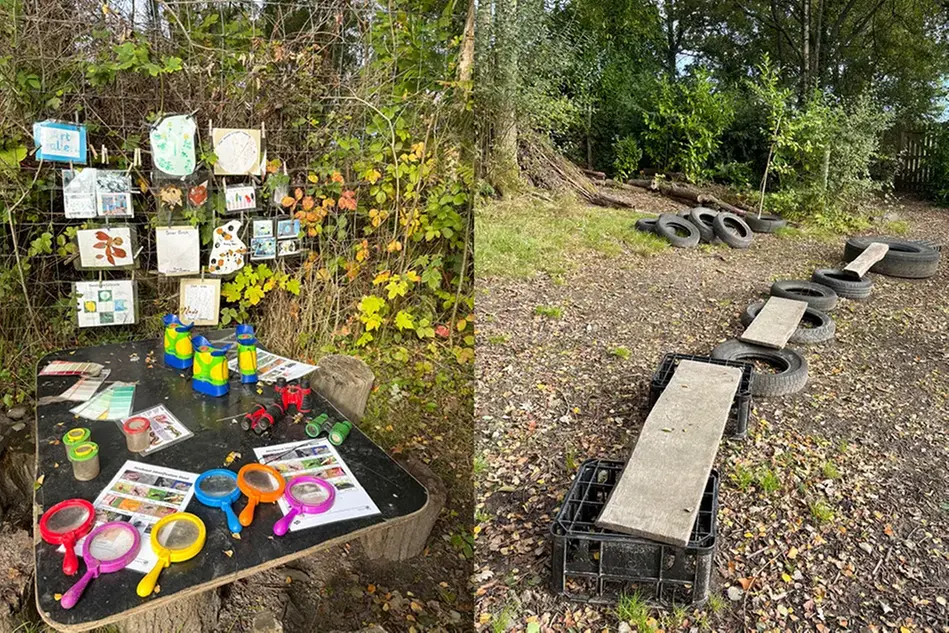 Två bilder. Ena bilden föreställer en natuvetenskaplig hörna för barn utomhus. Andra bilden är på en lekplats av däck och plankor. Montage.