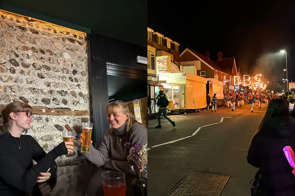 Två bilder. Ena bilden föreställer två studenter som skålar. Andra bilden är på en eldfestival. Montage.