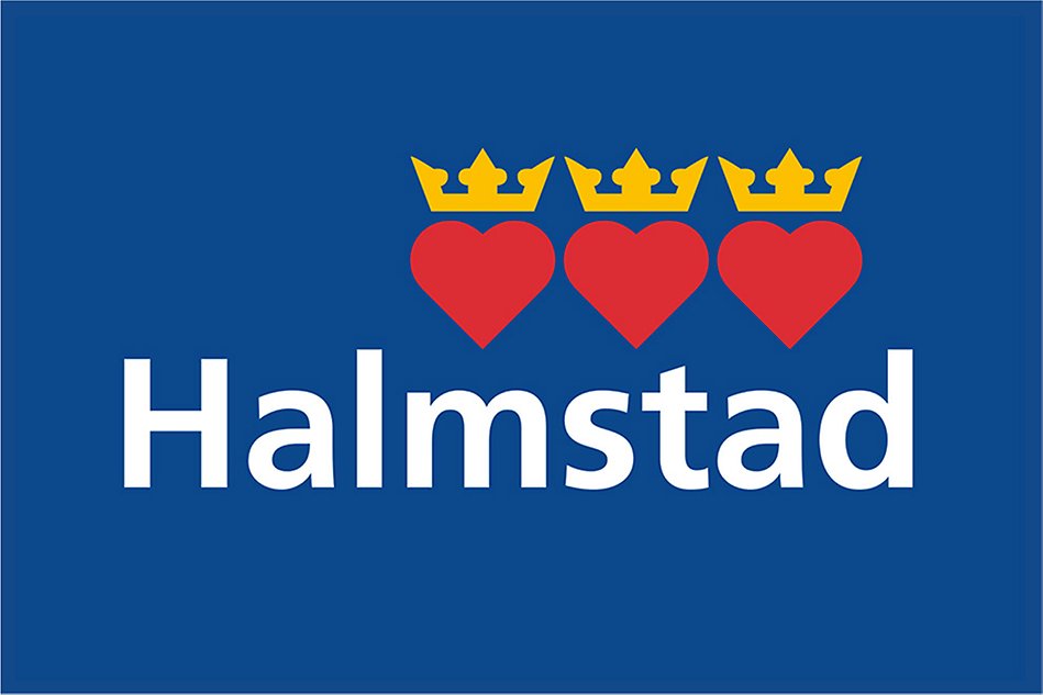 Halmstads kommuns stadsvapen mot mörkblå bakgrund.