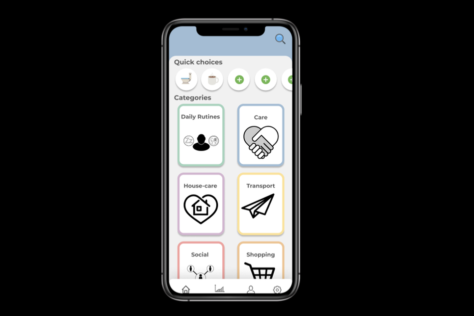 Smart mobiltelefon mot svart bakgrund, på skärmen syns en app med olika symboler.