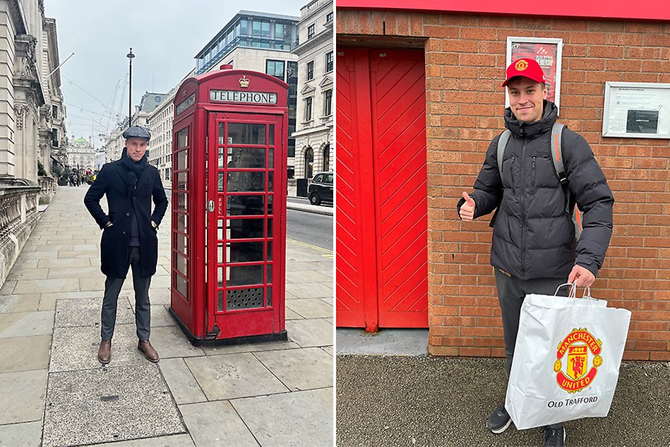 Ett kollage med två bilder från Storbritannien. Bild 1. En man står på en gata, i en stadsmiljö med äldre byggnader, med en röd telefonkiosk till höger om sig. Bild 2. En man står med en papperskasse i handen och gör tummen upp. På kassen syns ett fotbollslags logotyp.