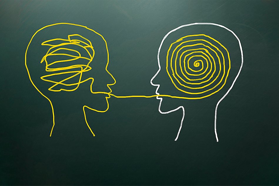 Två ritade huvuden med en linje som illustrerar kommunikation. Illustration.