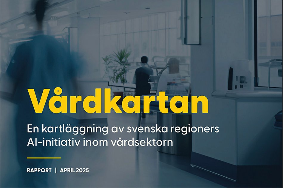 Vårdkartan i gul text, i bakgrunden en blåtonad sjukhusmiljö. Foto, illustration.