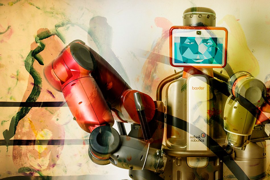 Red robot torso with arms and a display screen with a face superimposed on an illustrated abstract background