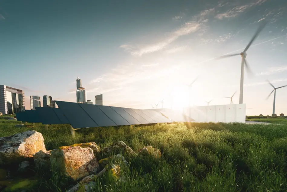 Solar panels and wind turbines are visible on a large green area with a big city in the background. The sky is a bit cloudy and the sun is shining brightly. Photo.