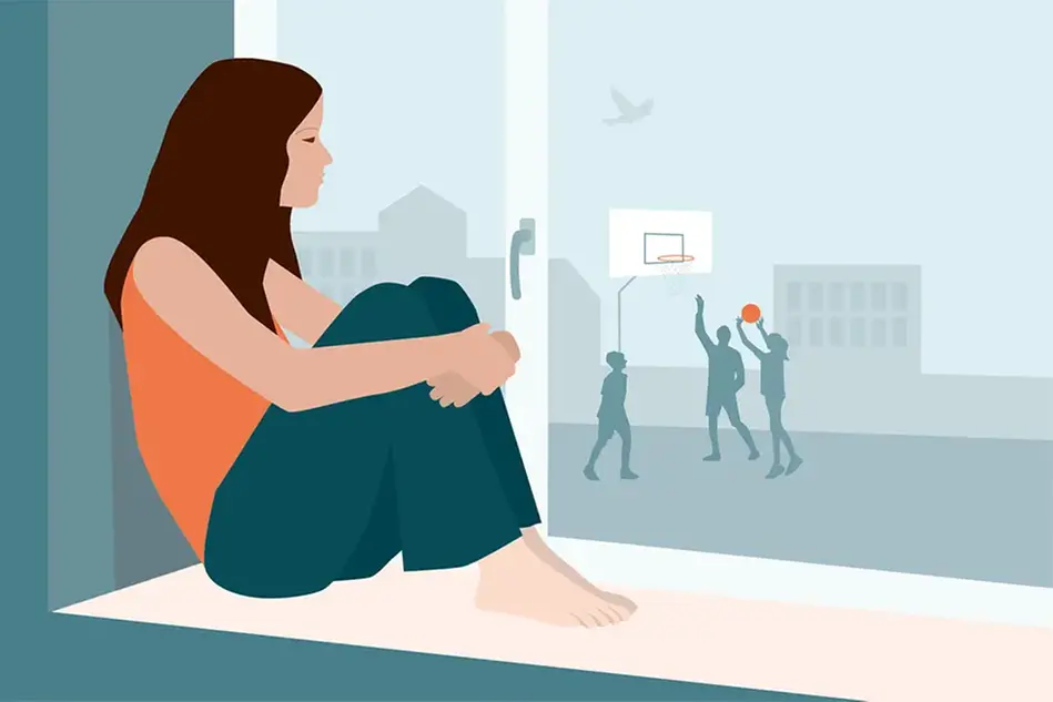 Flicka sitter i ett fönster och tittar på personer som spelar basket. Illustration
