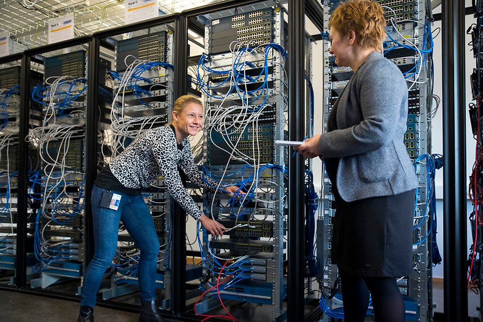 Two people in front of a wall of cords, servers and computers. Photo.