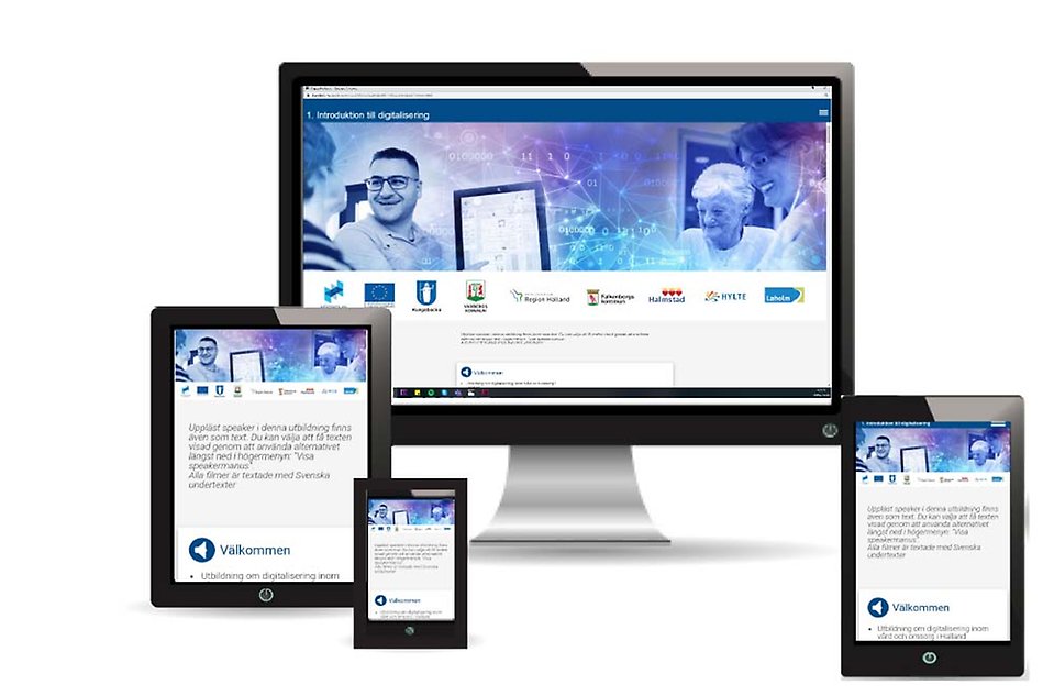 Dator, surfplatta och telefon som på skärmen visar Digga Hallands webbutbildning.
