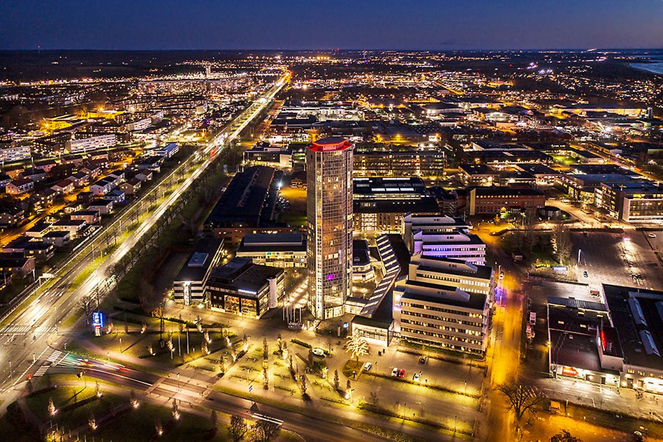 A city from above by night.