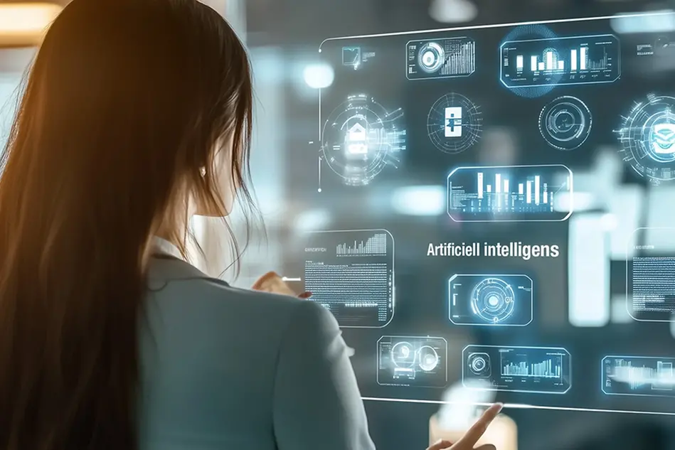 Person stands in front of a computer screen with many different digital illustrations. Illustration