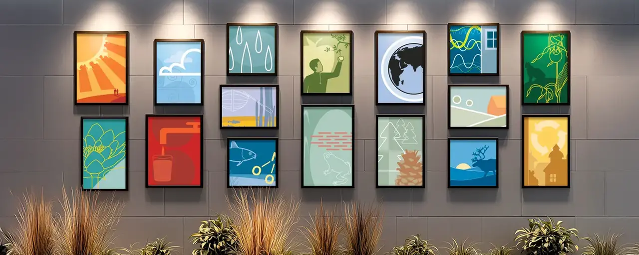 Wall with paintings containing illustrations of the global sustainability goals. Illustration