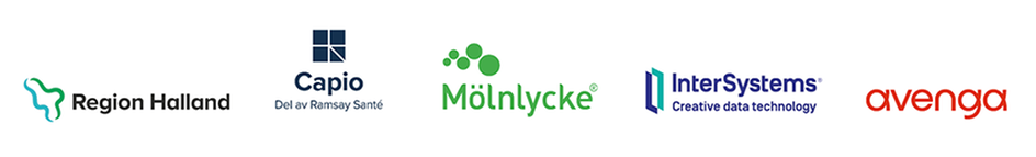 Logotyper för Region Halland, Capio, Mölnlycke, Intersystems och Avenga.