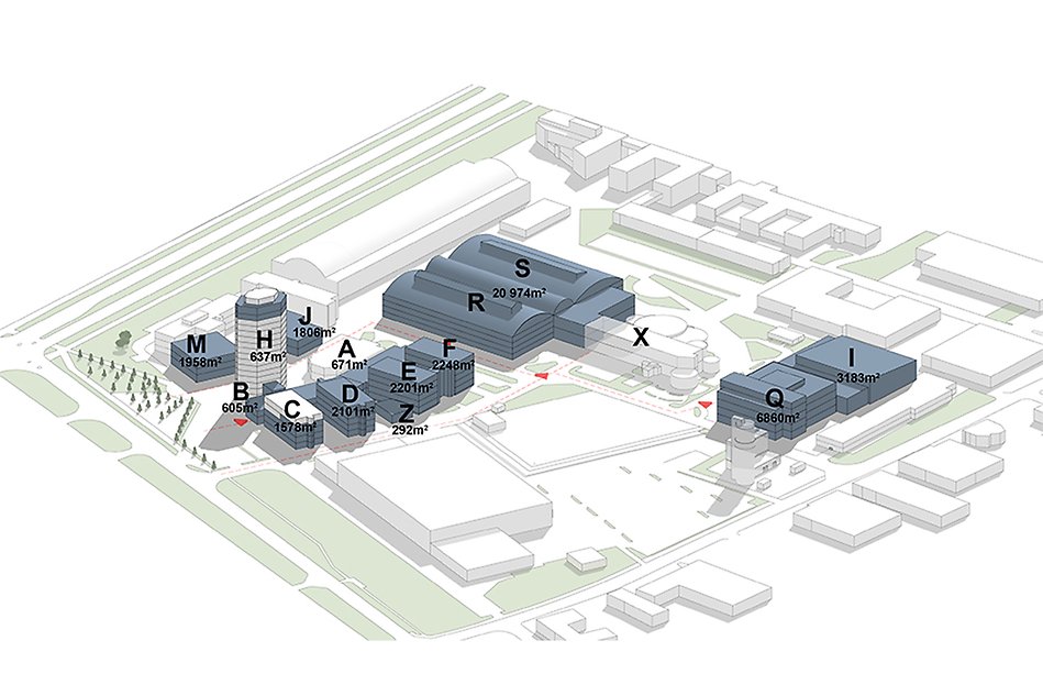 Sketch of a campus area with buildings and green areas with the buildings marked with letters.