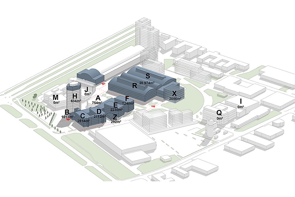 Sketch of a campus area with buildings and green areas with the buildings marked with letters.