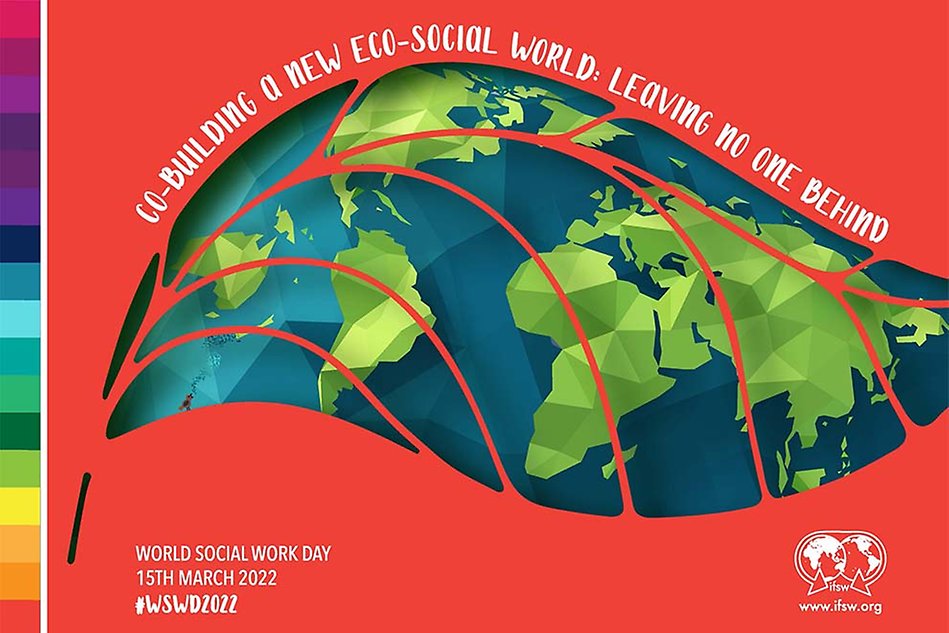Världskarta som är inlagt i ett löv med texten Co-building a new eco-social world: leaving no one behind.
