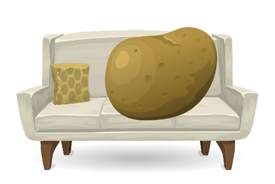 Tecknad illustration, en potatis i en soffa