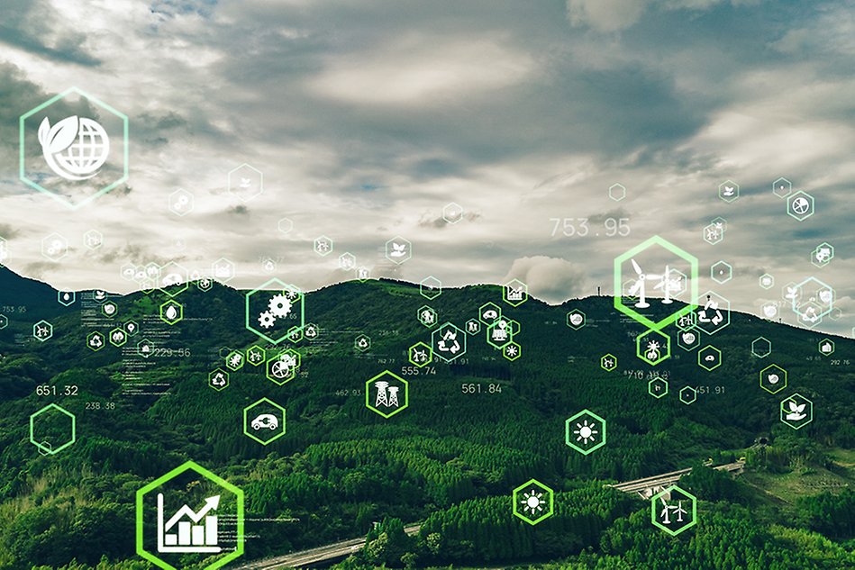 Green landscape, illustrated icons in the foreground.