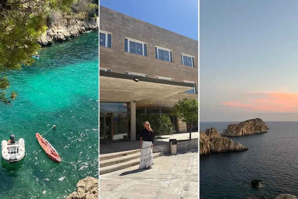 Ett kollage av bilder. En bild visar båtar i vatten, en bild visar en ung person framför en universitetsbyggnad och en bild visar klippor i havet i en rosa solnedgång.