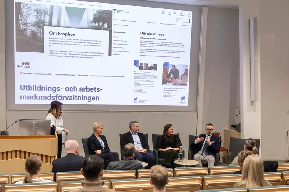 Fyra personer sitter och samtalar framför en publik. Foto