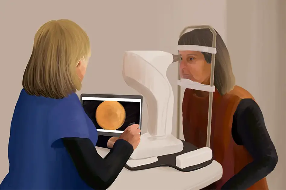 En kvinna undersöker en annan kvinnas syn med hjälp av en ögonkamera. Illustration.