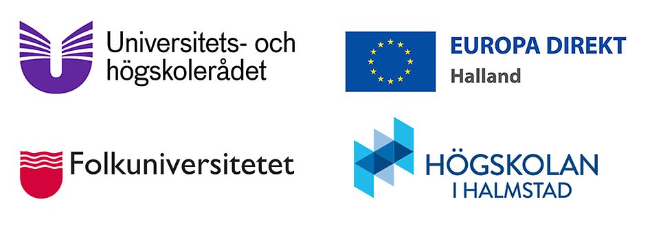 logotyper för universitets- och högskolerådet, folkuniversitetet, Europa direkt Halland och Högskolan i Halmstad