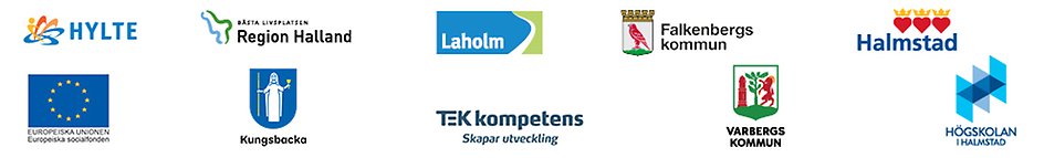 Kompa Hallands samverkansparters logotyper, förutom Högskolan och Europeiska socialfonden (SEF), TEK Kompetens, Region Halland och de halländska kommunerna