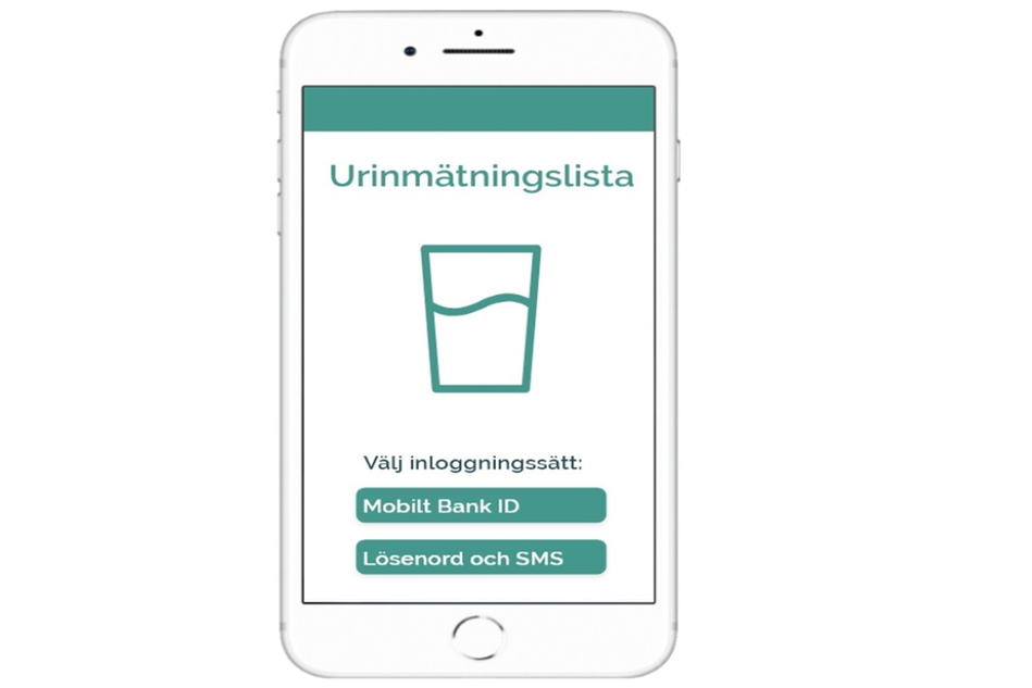Bild på en smart mobiltelefon, appen Urinmätningslista visas på skärmen.