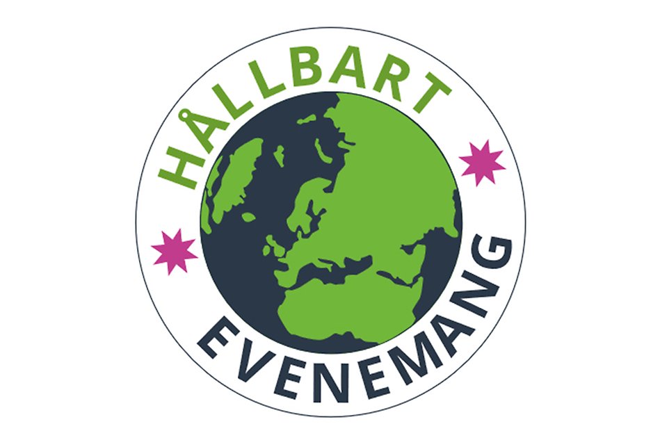 Symbol som visar en tvådimensionell jordglob med texten Hållbart evenemang runt omkring. Illustration.