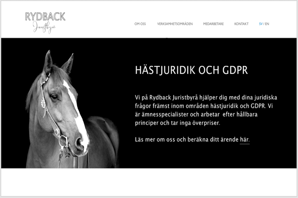 Skärmbild på startsida för Rydback juristbyrås webbplats.