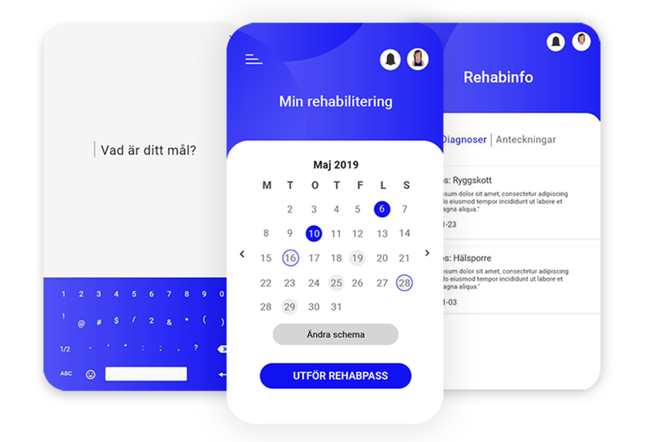 Skärmbilder från rehabiliteringsappen.