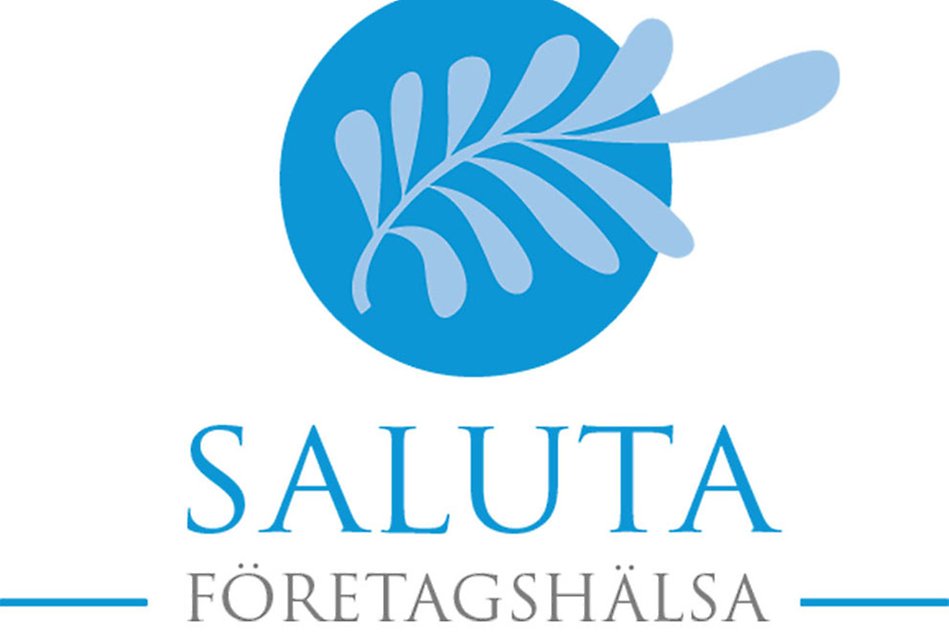 Symbol med blått palmblad mot mörkblå cirkel, under står texten Saluta Företagshälsa. Vit bakgrund.