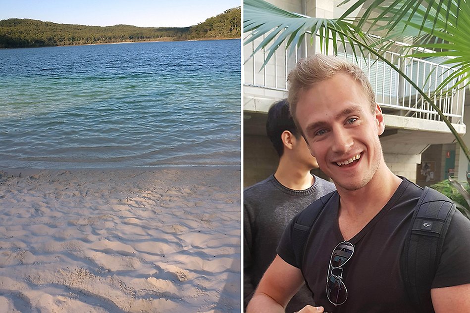 Ett kollage med två bilder. Bild 1. En glad, ung man med svart t-shirt tittar in i kameran och i bakgrunden finns palmer och en person som är skymd bakom mannen i förgrunden. Bild 2. Grönblått hav med en strand i förgrunden. Foto.