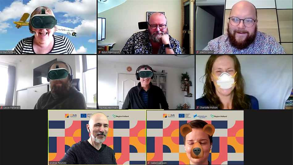 En bild från digitalt möte med 8 deltagare, en del har masker och filter på sina bilder/vyer. Glada miner!