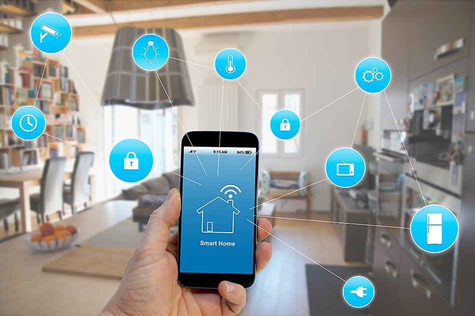 Image of a smart phone controlling a smart home. 