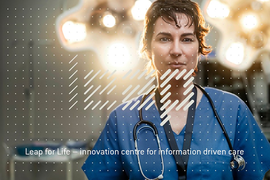 A doctor in a hospital environment looks at the camera. Beneath her, the following text is printed: Leap for Life – innovation centre for information driven care.