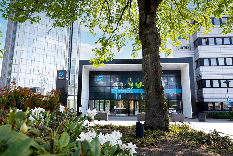 The University's main entrance. In the foreground trees and flowers. Photo.