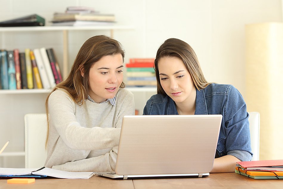 Two people looking at a computer screen. One is helping the other. 